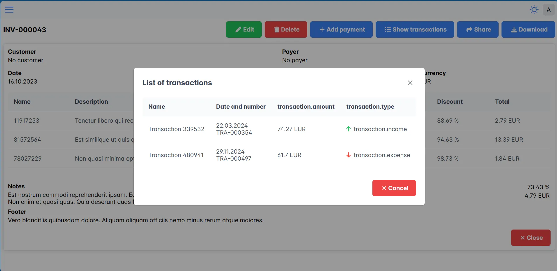 Transaction history of invoice