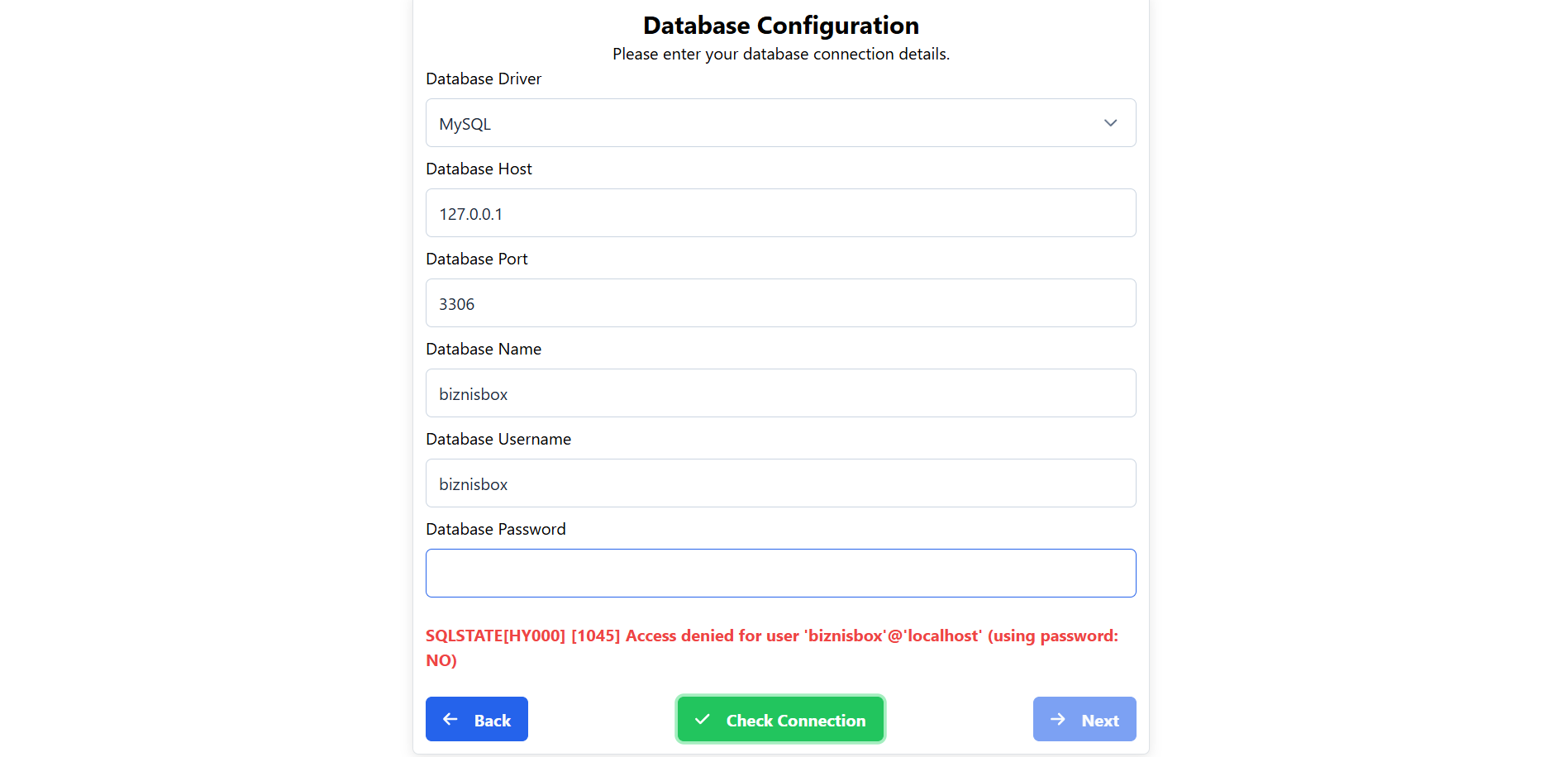 Database connection error