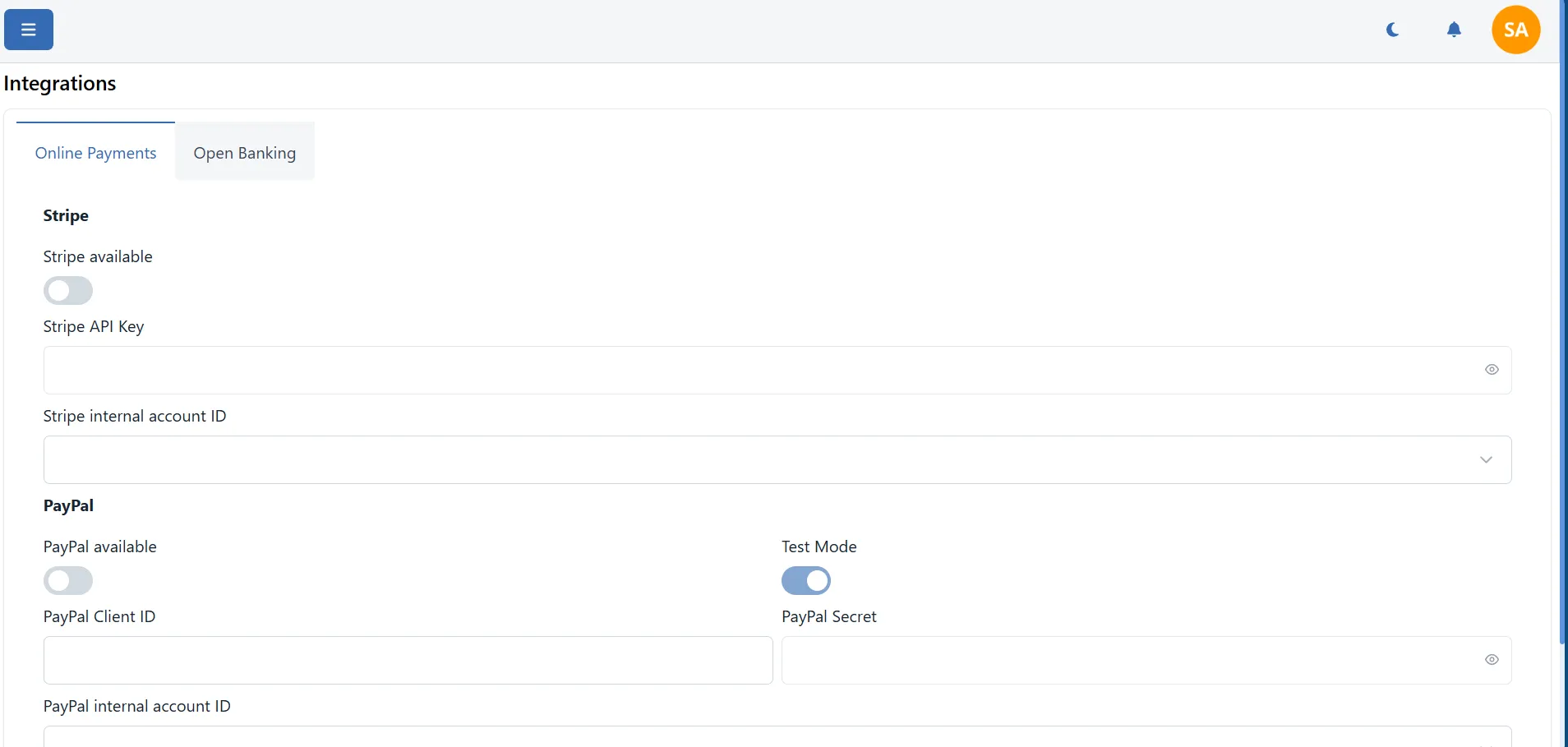 Integrations view