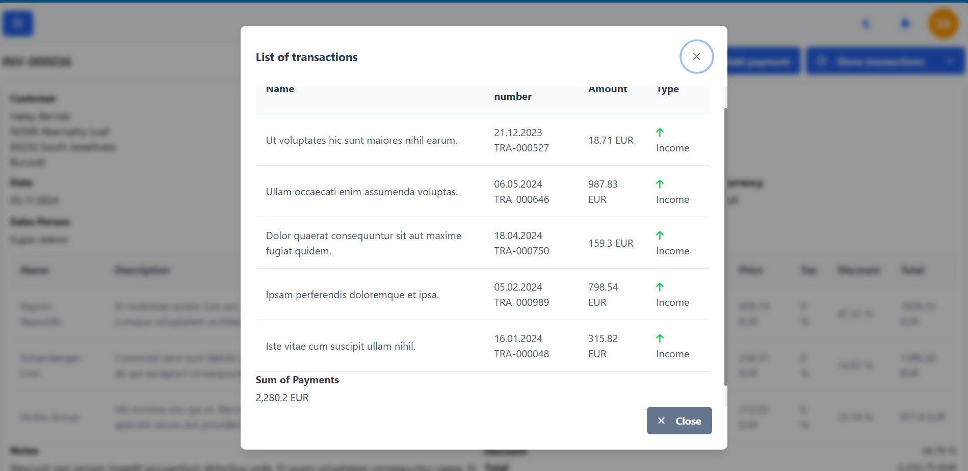 Transaction history of invoice